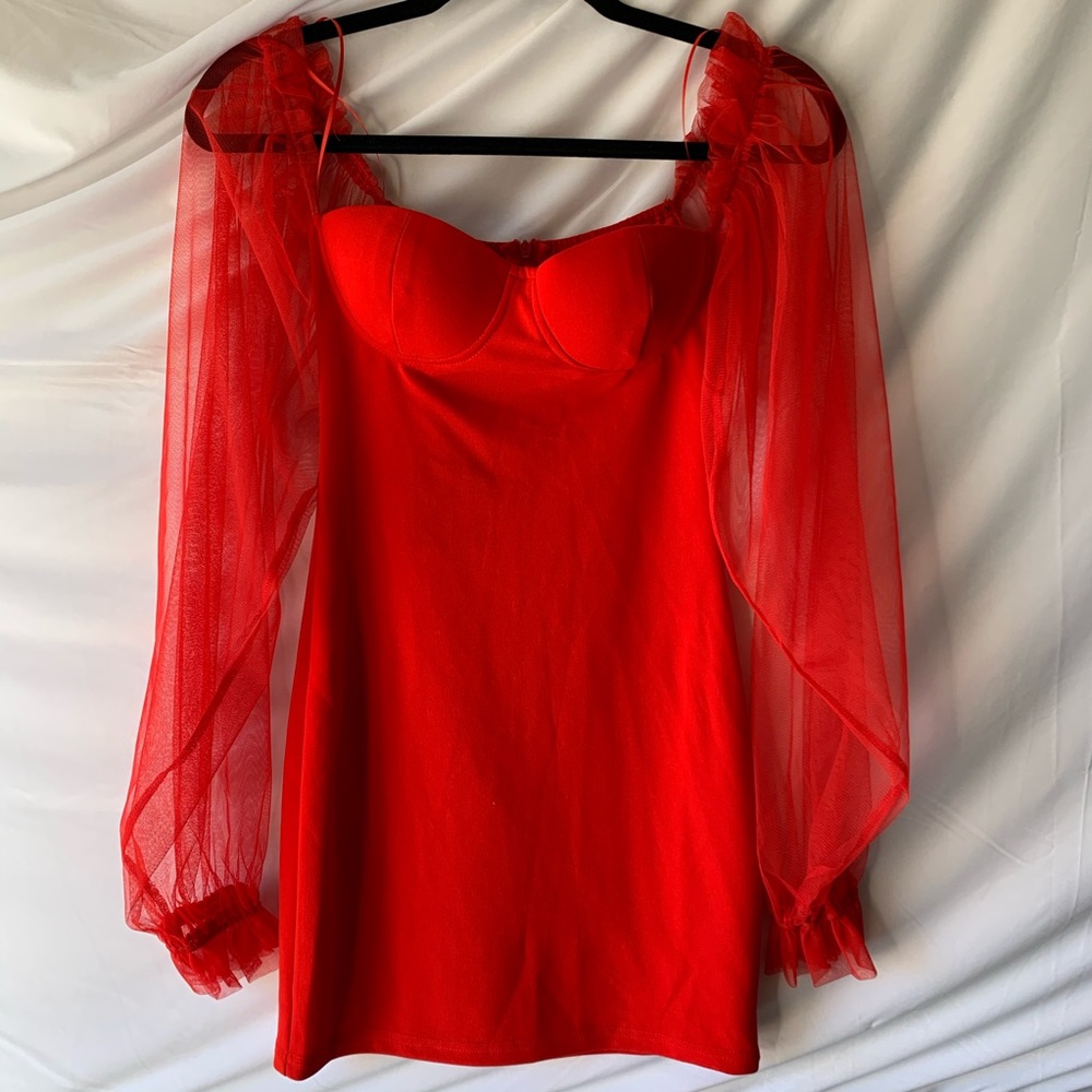 Bodycon Mesh Sleeve Red Dress
